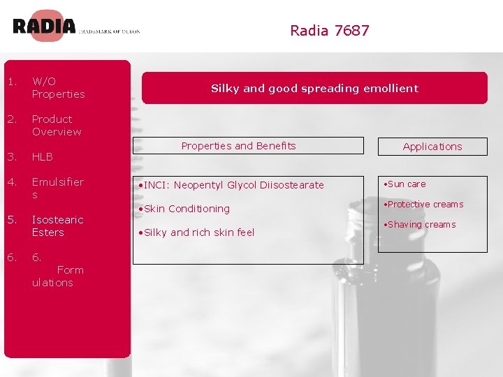Radia 7687 1. W/O Properties 2. Product Overview 3. HLB 4. Emulsifier s 5.