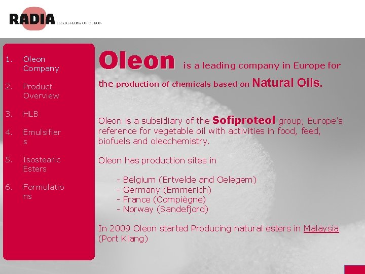 1. Oleon Company 2. Product Overview 3. HLB 4. Emulsifier s 5. Isostearic Esters