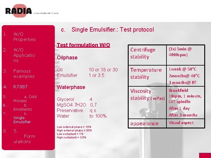 1. 2. W/O Properties W/O Applicatio ns c. Single Emulsifier. : Test protocol Test
