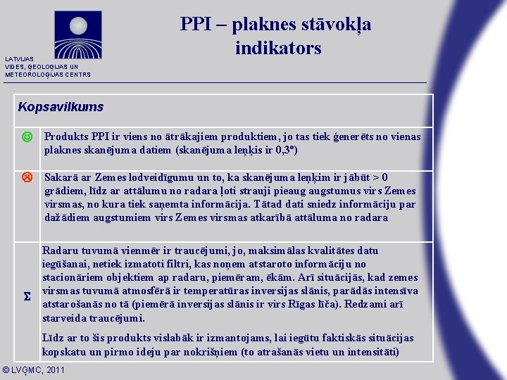 LATVIJAS VIDES, ĢEOLOĢIJAS UN METEOROLOĢIJAS CENTRS PPI – plaknes stāvokļa indikators Kopsavilkums Produkts PPI LATVIJAS VIDES, ĢEOLOĢIJAS UN METEOROLOĢIJAS CENTRS PPI – plaknes stāvokļa indikators Kopsavilkums Produkts PPI