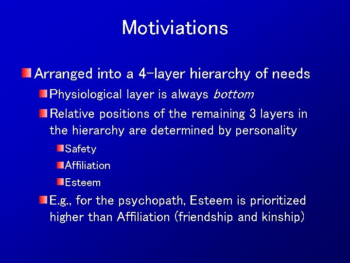 Motiviations Arranged into a 4 -layer hierarchy of needs Physiological layer is always bottom