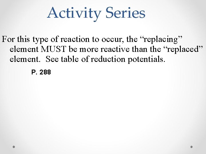 Activity Series For this type of reaction to occur, the “replacing” element MUST be