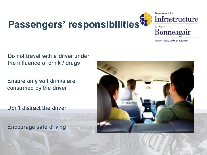 Passengers’ responsibilities Do not travel with a driver under the influence of drink /