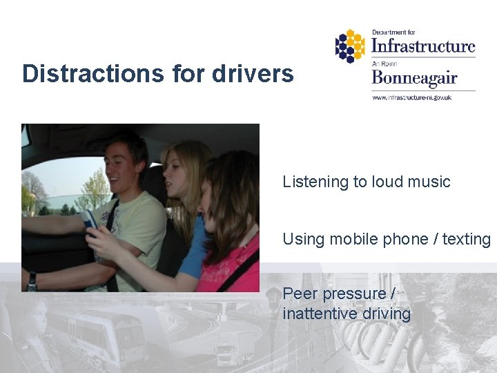 Distractions for drivers Listening to loud music Using mobile phone / texting Peer pressure