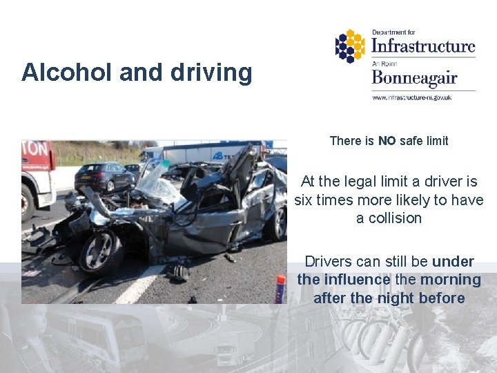 Alcohol and driving There is NO safe limit At the legal limit a driver