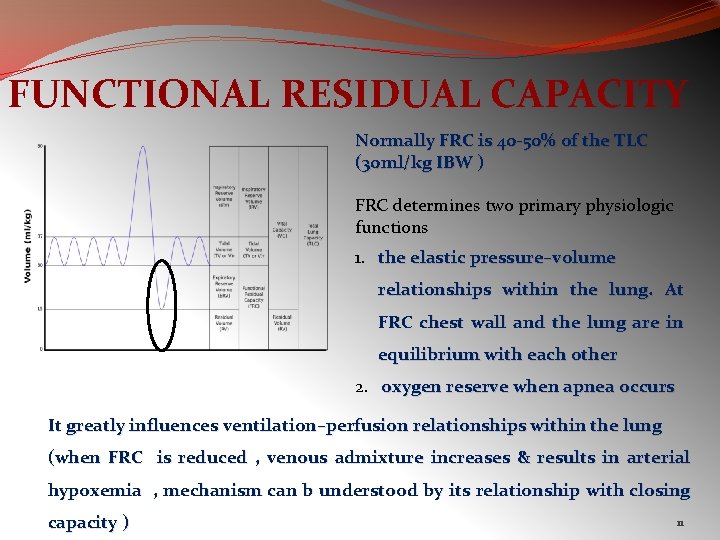 FUNCTIONAL RESIDUAL CAPACITY Normally FRC is 40 -50% of the TLC (30 ml/kg IBW