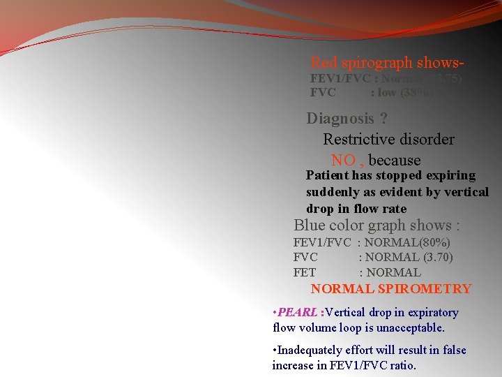 Red spirograph shows. FEV 1/FVC : Normal (93. 75) FVC : low (38%) Diagnosis