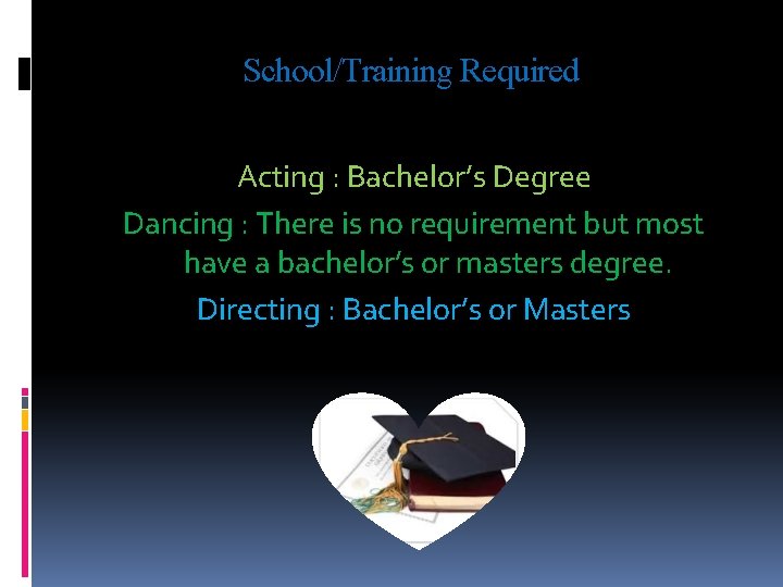 School/Training Required Acting : Bachelor’s Degree Dancing : There is no requirement but most