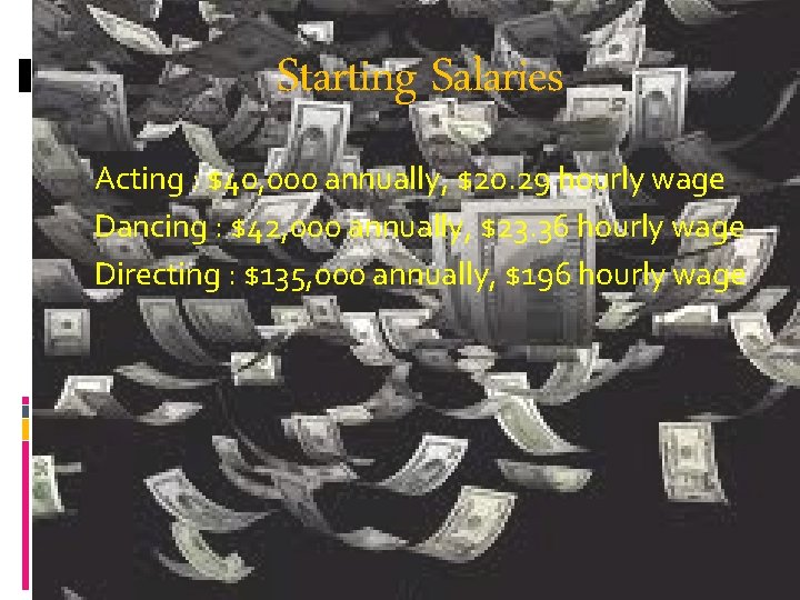 Starting Salaries Acting : $40, 000 annually, $20. 29 hourly wage Dancing : $42,