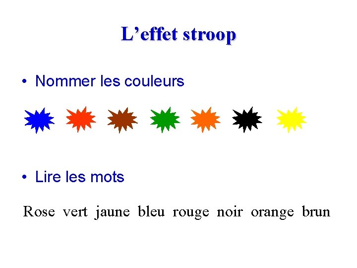 L’effet stroop • Nommer les couleurs • Lire les mots Rose vert jaune bleu