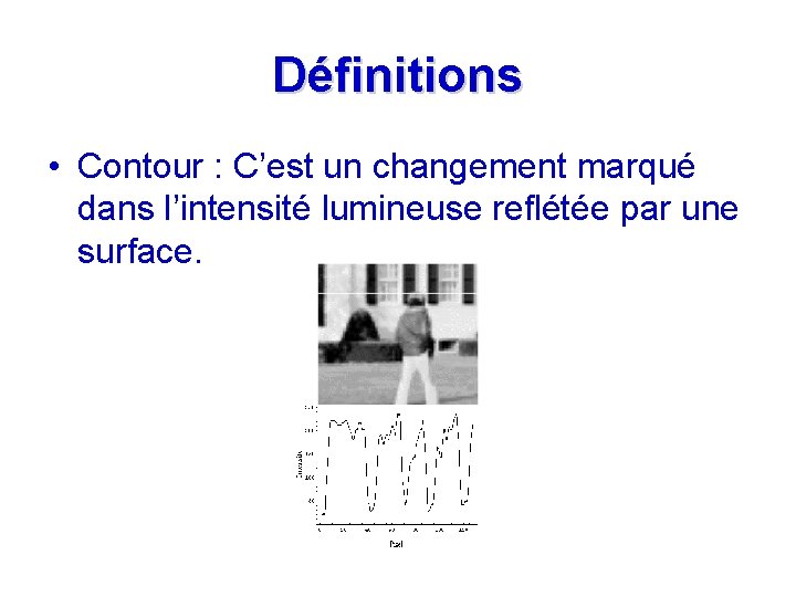 Définitions • Contour : C’est un changement marqué dans l’intensité lumineuse reflétée par une