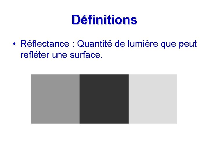 Définitions • Réflectance : Quantité de lumière que peut refléter une surface. 