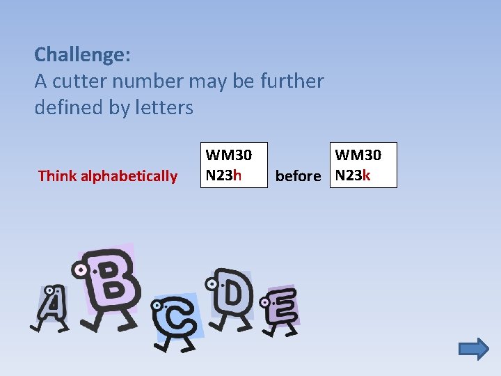 Challenge: A cutter number may be further defined by letters Think alphabetically WM 30