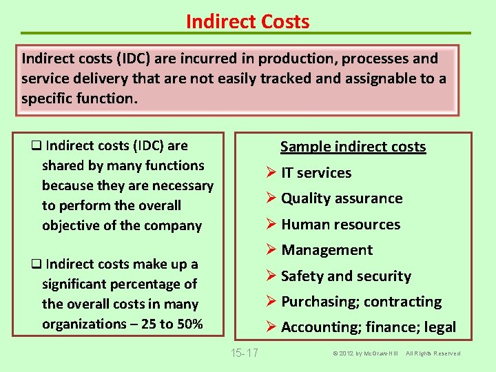 Indirect Costs Indirect costs (IDC) are incurred in production, processes and service delivery that