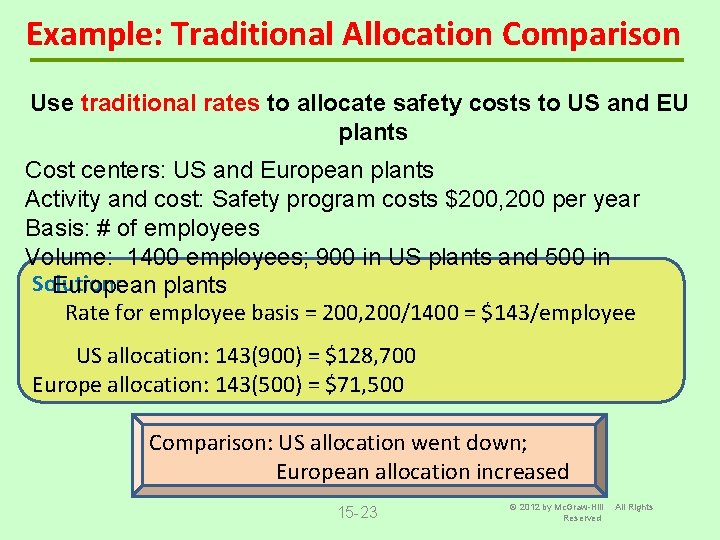 Example: Traditional Allocation Comparison Use traditional rates to allocate safety costs to US and