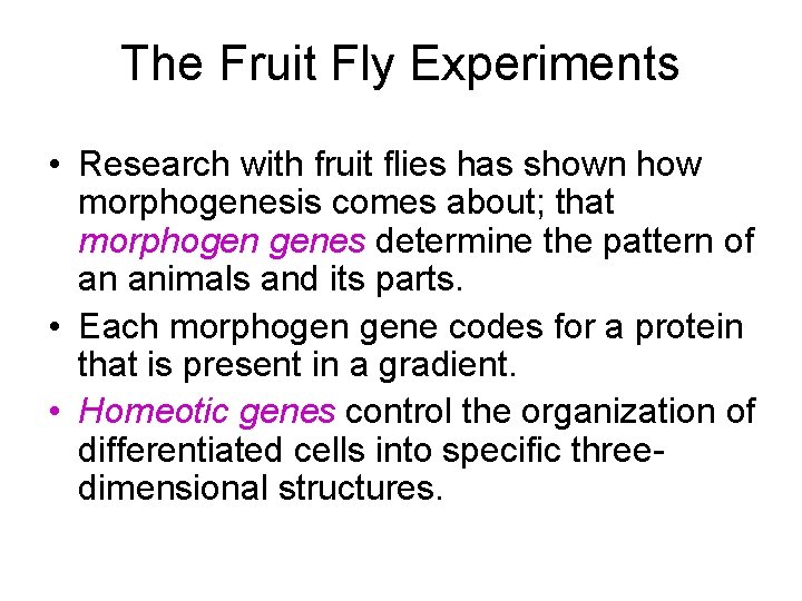 The Fruit Fly Experiments • Research with fruit flies has shown how morphogenesis comes