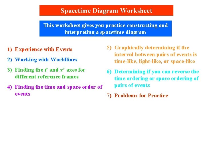 Spacetime Diagram Worksheet This worksheet gives you practice constructing and interpreting a spacetime diagram