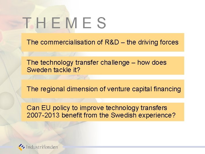 THEMES The commercialisation of R&D – the driving forces The technology transfer challenge –
