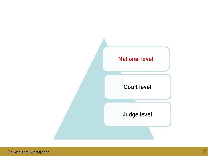 National level Court level Judge level Domstoladministrasjonen 7 