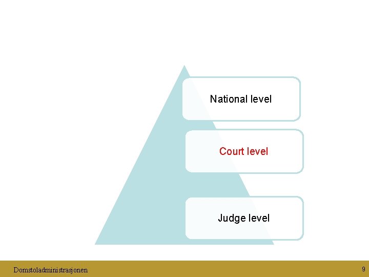 National level Court level Judge level Domstoladministrasjonen 9 