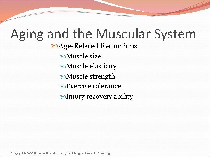 Aging and the Muscular System Age-Related Reductions Muscle size Muscle elasticity Muscle strength Exercise