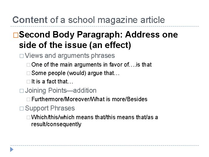 Content of a school magazine article �Second Body Paragraph: Address one side of the