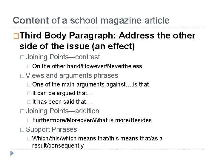 Content of a school magazine article �Third Body Paragraph: Address the other side of