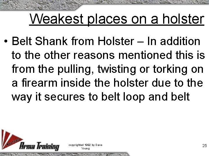 Weakest places on a holster • Belt Shank from Holster – In addition to