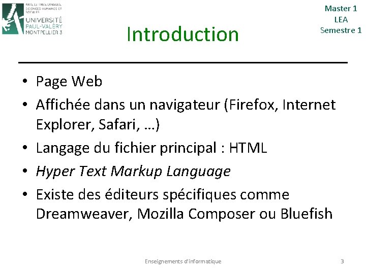 Introduction Master 1 LEA Semestre 1 • Page Web • Affichée dans un navigateur