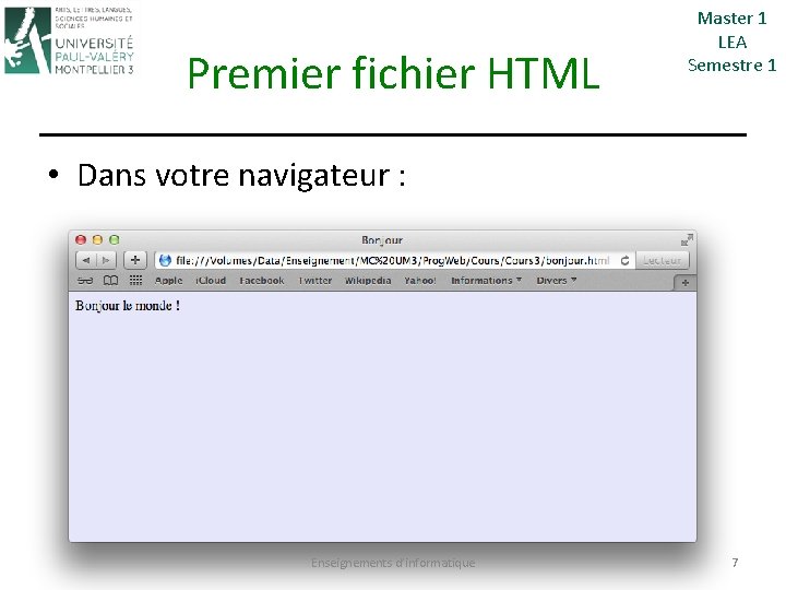 Premier fichier HTML Master 1 LEA Semestre 1 • Dans votre navigateur : Enseignements