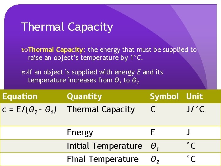 Thermal Capacity: the energy that must be supplied to raise an object’s temperature by Thermal Capacity: the energy that must be supplied to raise an object’s temperature by