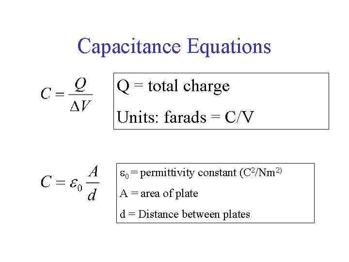 Capacitance Equations Q = total charge Units: farads = C/V 0 = permittivity constant