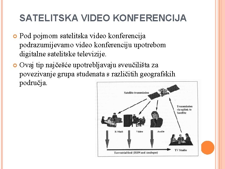 SATELITSKA VIDEO KONFERENCIJA Pod pojmom satelitska video konferencija podrazumijevamo video konferenciju upotrebom digitalne satelitske