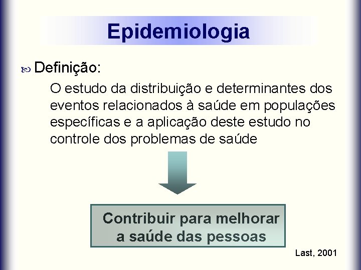 Epidemiologia Definição: O estudo da distribuição e determinantes dos eventos relacionados à saúde em