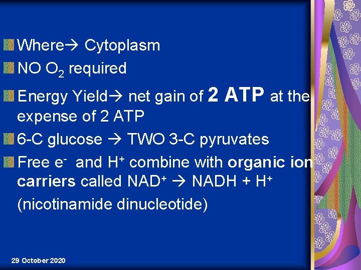 Where Cytoplasm NO O 2 required Energy Yield net gain of 2 ATP at