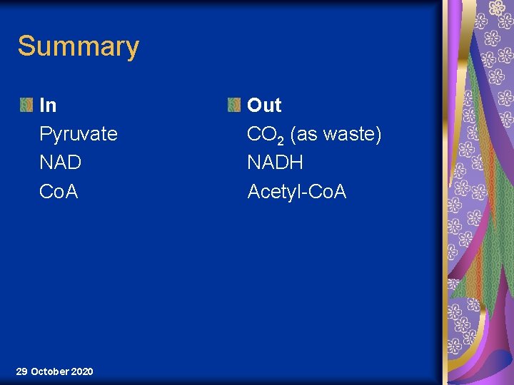 Summary In Pyruvate NAD Co. A 29 October 2020 Out CO 2 (as waste)