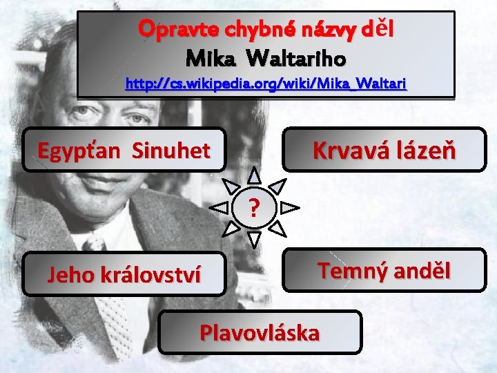 Opravte chybné názvy děl Mika Waltariho http: //cs. wikipedia. org/wiki/Mika_Waltari Krvavá lázeň Egypťan Sinuhet