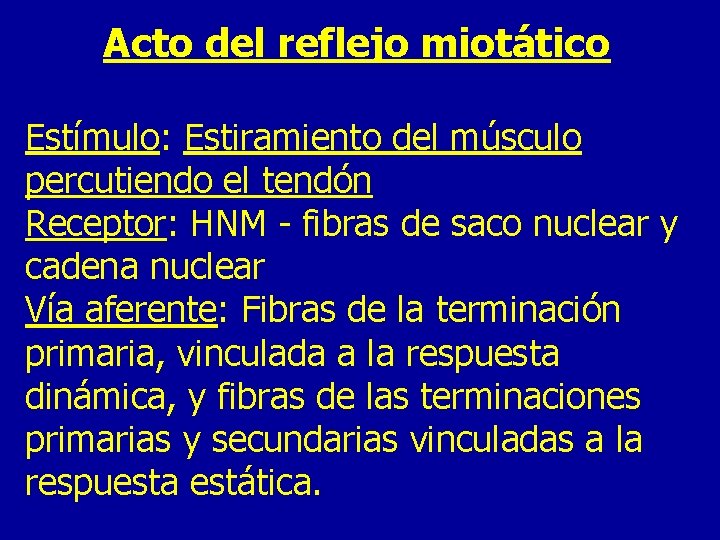 Acto del reflejo miotático Estímulo: Estiramiento del músculo percutiendo el tendón Receptor: HNM -