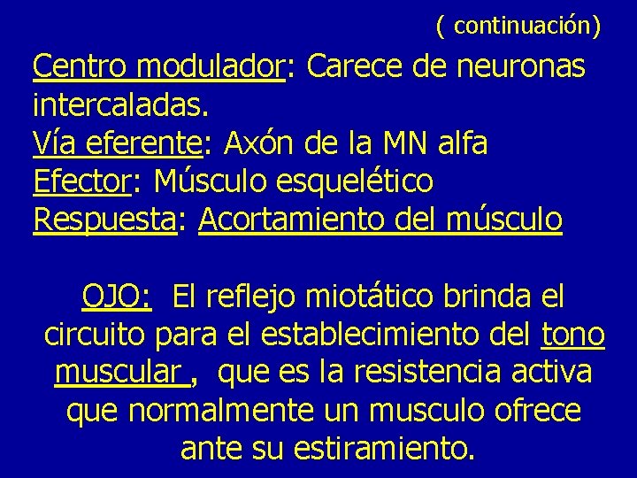 ( continuación) Centro modulador: Carece de neuronas intercaladas. Vía eferente: Axón de la MN