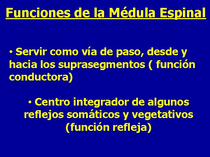 Funciones de la Médula Espinal • Servir como vía de paso, desde y hacia