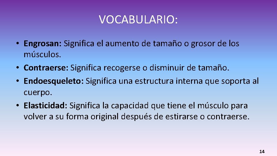 VOCABULARIO: • Engrosan: Significa el aumento de tamaño o grosor de los músculos. • VOCABULARIO: • Engrosan: Significa el aumento de tamaño o grosor de los músculos. •