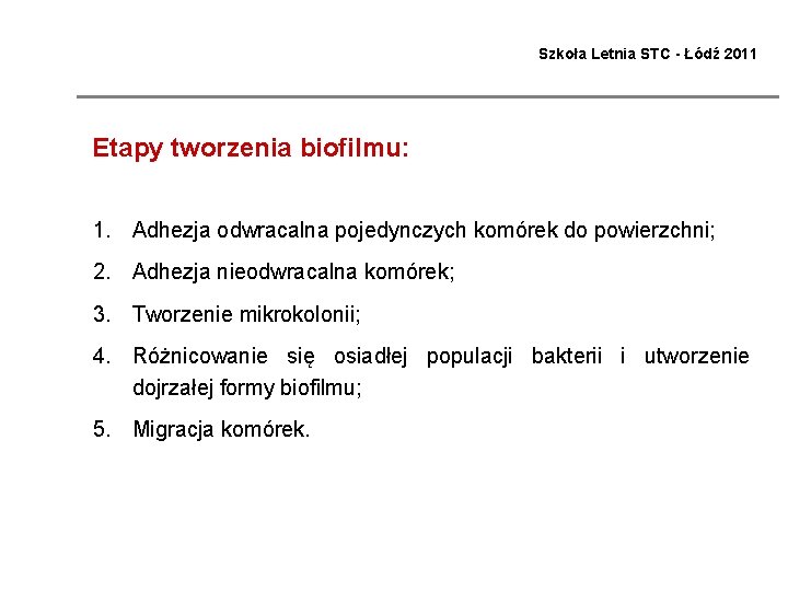 Szkoła Letnia STC - Łódź 2011 Etapy tworzenia biofilmu: 1. Adhezja odwracalna pojedynczych komórek