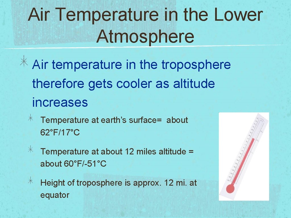 Air Temperature in the Lower Atmosphere Air temperature in the troposphere therefore gets cooler