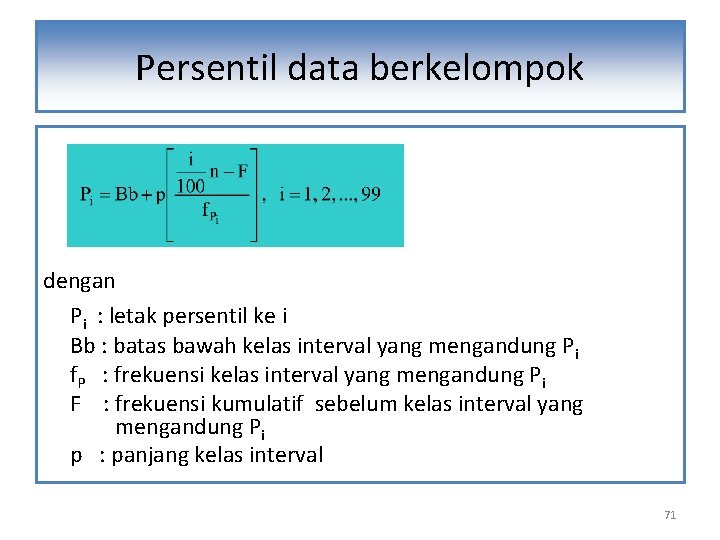 Persentil data berkelompok dengan Pi : letak persentil ke i Bb : batas bawah