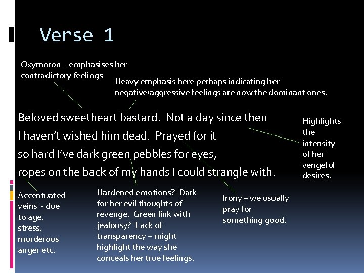 Verse 1 Oxymoron – emphasises her contradictory feelings Heavy emphasis here perhaps indicating her