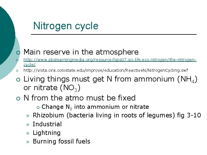 Nitrogen cycle ¡ ¡ ¡ Main reserve in the atmosphere http: //www. pbslearningmedia. org/resource/lsps