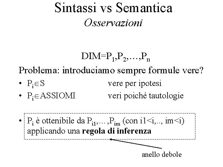 Sintassi vs Semantica Osservazioni DIM=P 1, P 2, …, Pn Problema: introduciamo sempre formule