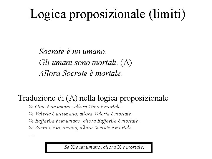 Logica proposizionale (limiti) Socrate è un umano. Gli umani sono mortali. (A) Allora Socrate