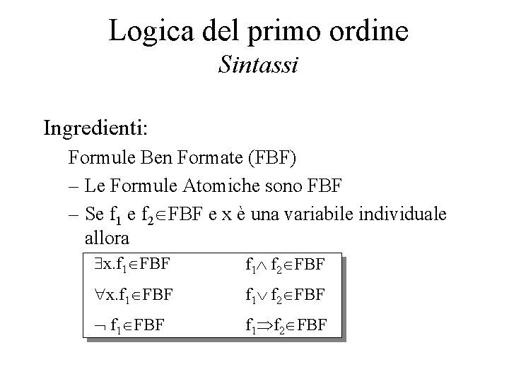 Logica del primo ordine Sintassi Ingredienti: Formule Ben Formate (FBF) – Le Formule Atomiche