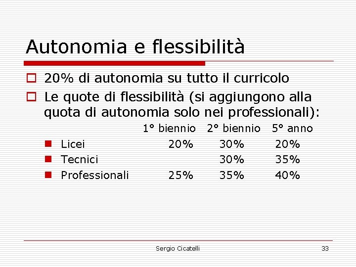 Autonomia e flessibilità o 20% di autonomia su tutto il curricolo o Le quote